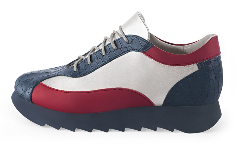 Denim blue, light silver and burgundy red women's open back shoes. Round toe. Low rubber soles. Profile view - Florence KOOIJMAN